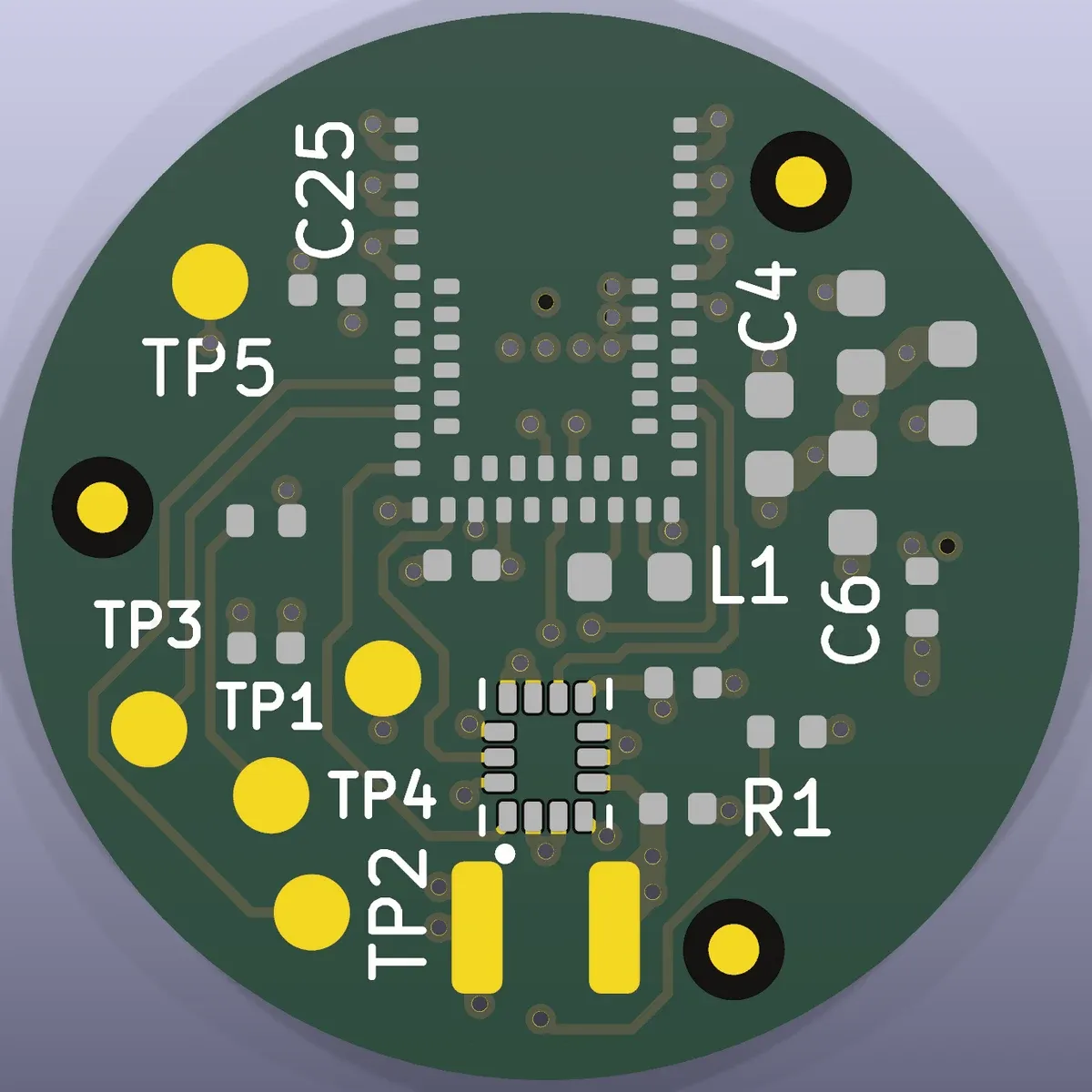 3D view of the board that came back. Same board, traces cut short, silkscreen cleaned up.
