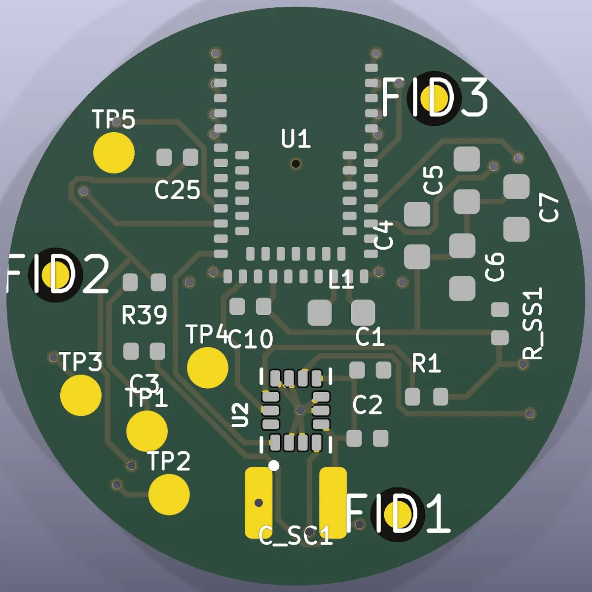 3D view of the board before the handoff. A 21mm round green board with long traces sweeping around the edge.