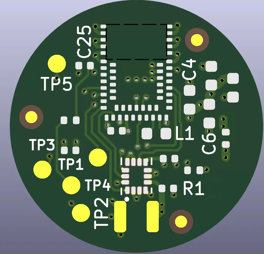Rendered SpotOn R4 EVT circuit board, circular, with five labelled test points