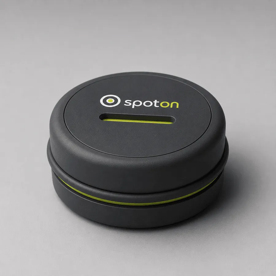 SpotOn industrial design render, charcoal body with a lime accent ring
